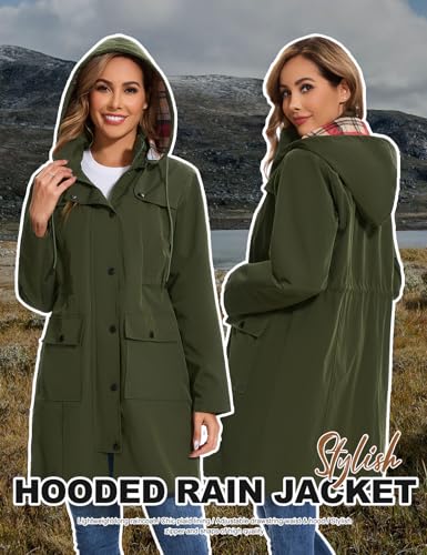 Tuopuda Regenjacke Damen Wasserdichte Übergangsjacke Lange Regenmante Windbreaker Jacke Leicht mit Abnehmbare Kapuze Regenparka Atmungsaktiv für Frühling Sommer Herbst, Armeegrün, XL