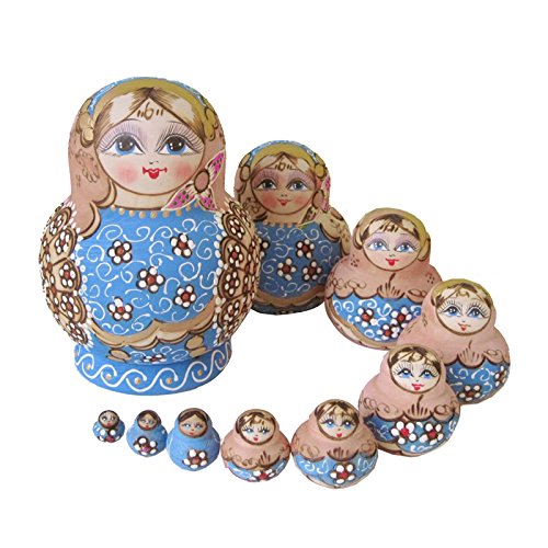 lzndeal - Juego de 10 muñecas Rusas de Madera de Matryoshka pintadas a Mano para decoración de Regalo, Color Azul y Gris, Altura de 15 cm