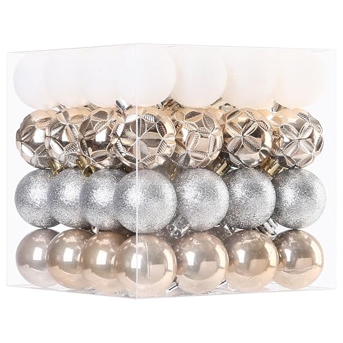 Sea Team 64-Pack Shatterproof Plastic Christmas Ball Ornaments Set, Colorful Christmas Baubles, Hanging Decorations for Xmas Tree, Wreath, Garland, (40mm/1.57 Inches, Champagne, White)