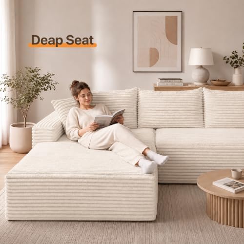 Image of Claiks 94 inch Boneless Couch, U-Shape Corduroy Sectional Sofa, Beige