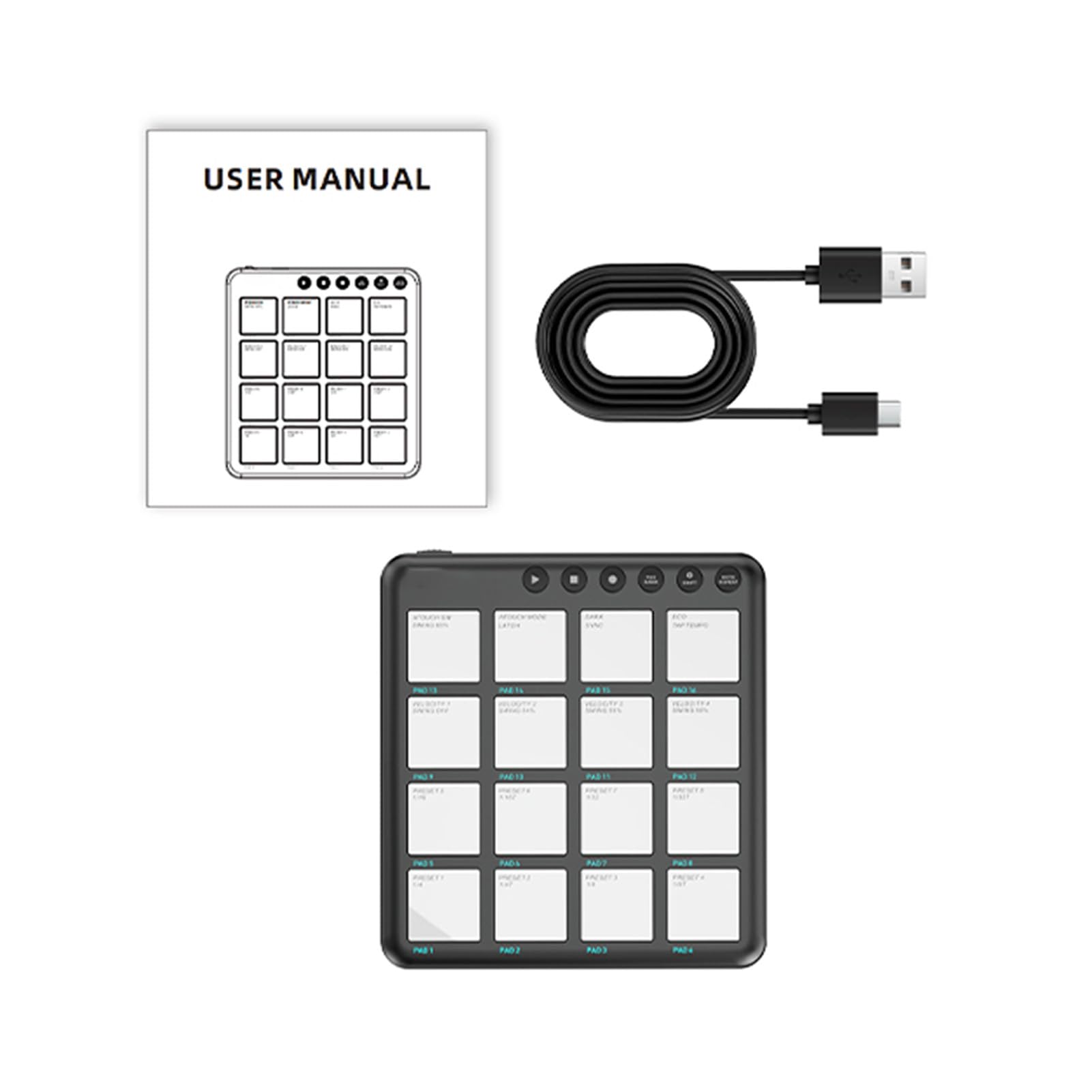 Btuty Dynamischer RGB-Pad-BT-MIDI-Controller mit 16 Tasten, Wiederaufladbar, Tragbar, Musikproduktion, Performance-Szene (Schwarz)