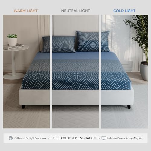 Image of BLISSHOME Everlast 150TC King Size Fitted Bedsheet with 2 Pillow Covers, Aesthetic Bedding, Wrinkle Resistant, 100+ Wash Durable, Quick Dry, Geometric Pattern - Teal (183cm x 198cm + 25cm Drop)