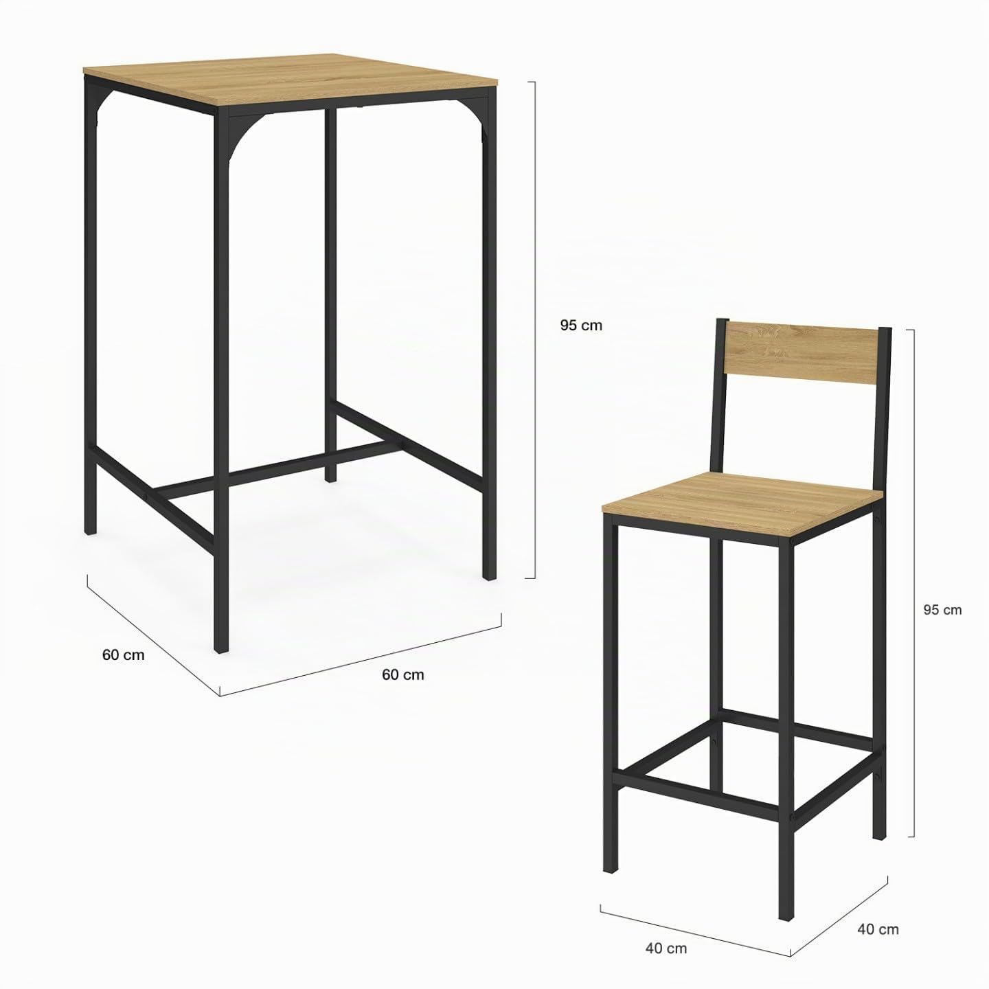 IDMarket – Juego de mesa de bar cuadrada Detroit 60 cm y 2 sillas de bar de diseño industrial