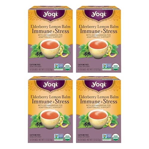 Yogi Tea Elderberry Lemon Stress & Immune Support Tea – 16 Tea Bags, 4 Packs – With Ashwagandha, Lemongrass, Licorice Root & More