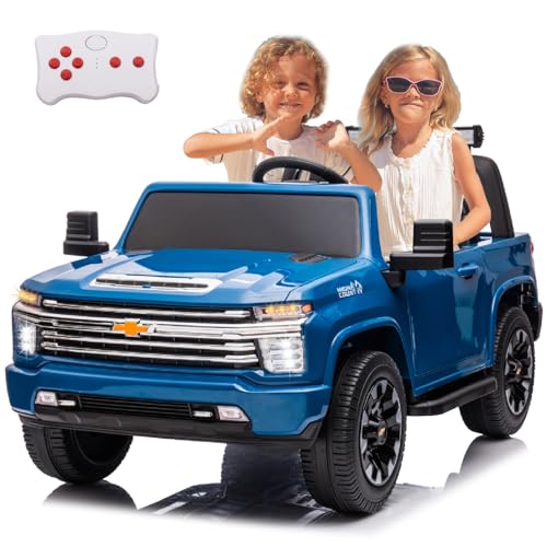 LUIBAS 24V Kids Ride On Car 2-Seater Ride On Toy Truck for Big Kids, Electric Vehicles Ride on Toy Car with Remote Control for Boys Girls Licensed Chevrolet Silverado HD Pickup Truck, EVA Tires, Blue
