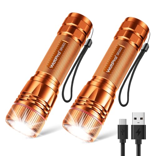 WdtPro Rechargeable Flashlights High Lumens, 2 Pack 10H Long Lasting Super Bright EDC Flashlight, LED Mini Tactical Flash Lights for Camping Emergency, Drop & Water Resistant Orange(Battery Included)