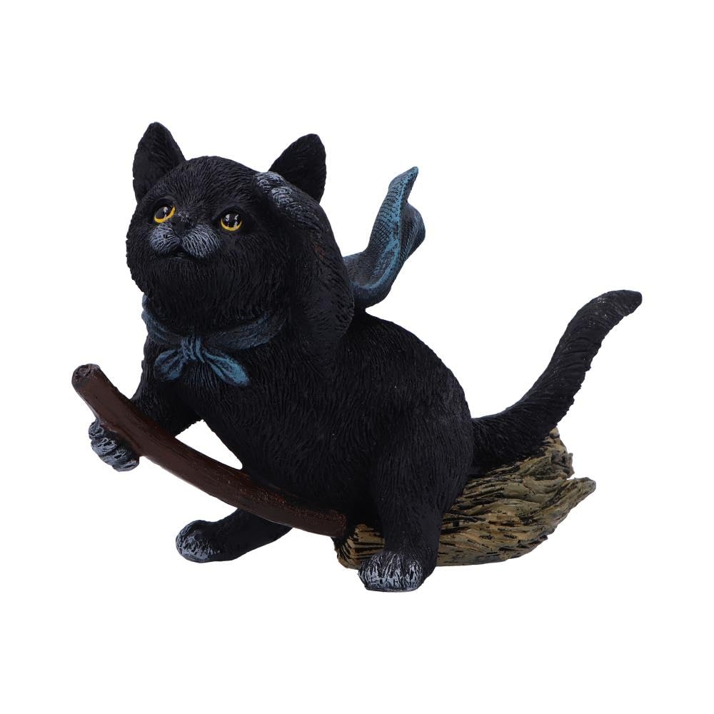 Nemesis Now Witch’s Broomstick Black Cat Figurine – Hand-Painted Resin Statue Decoration for Witch and Gothic Decor - Familiar Flight, 14.5 cm