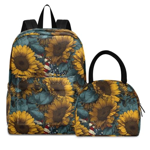 America Sunflower Print Backpack Set with Lunch Bag, Large Capacity Travel Backpacks and Lunch Box Insulated for Commute Hiking Picnic