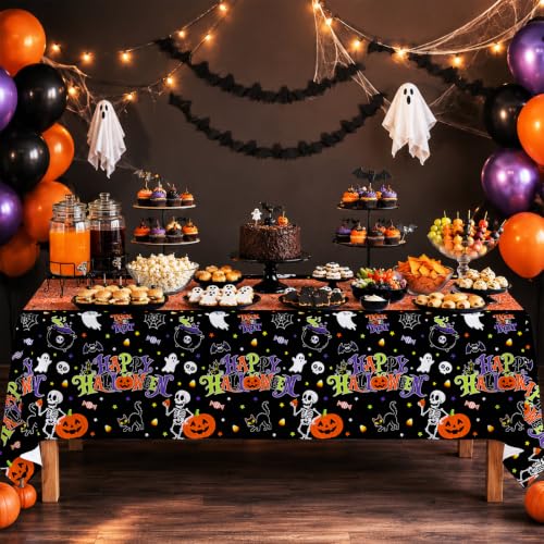 Image of 2 Pack Halloween Tablecloth, 54 x 108 Inch Disposable Plastic Table Cover, Orange Halloween Party Decorations for Halloween Decor