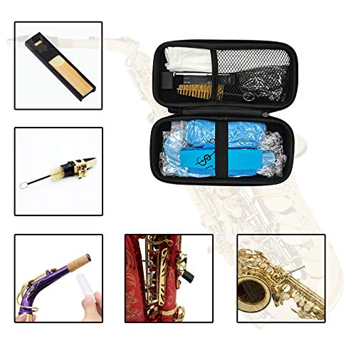 Foldable Saxophone Stand Set Saxophone Cleaning Care Kit include Saxophone Strap Alto/Tenor Saxophone Holder Soft Cotton Sax Strap set with Cork Paste Screw driver Glove Reed Clip Storage Bag