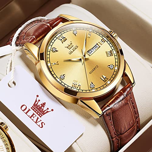 Image of OLEVS Brown Mens Leather Watch Dress Casual Day Date Quartz Wrist Watch