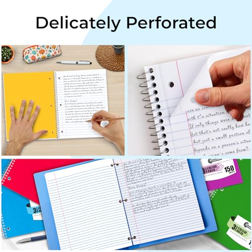 Image of Rosmonde 3 Subject Notebook College Ruled, 6 Pack, 150 Sheets(300 Pages), No-Bleed Paper, 3 Hole Punched, 8x10-1 /2, 3 Subject Spiral Notebook for School, Home & Office, Assorted Colors