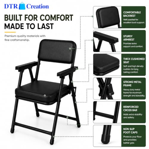 Image of Foldable Cushioned Chair with Armrests | Heavy Duty Metal Frame | Soft Padded Seat & Backrest | Space Saving Folding Chair for Home, Office, Study & Guest Seating | Black