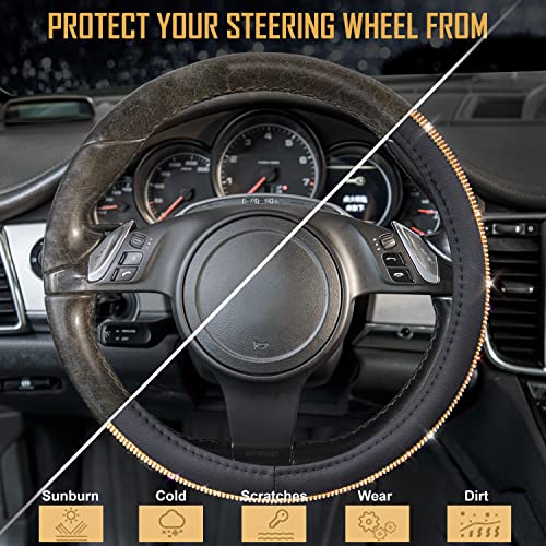 Car Pass Rhinestones Diamond Bling Steering Wheel Cover, Universal Fit For Suv,Vans,Sedan,Car,Truck 14.5-15Inch Universal Fit (Golden) Crystal Glitter For Women Sparkle Girly Sparkling Gold Shining #TOP5