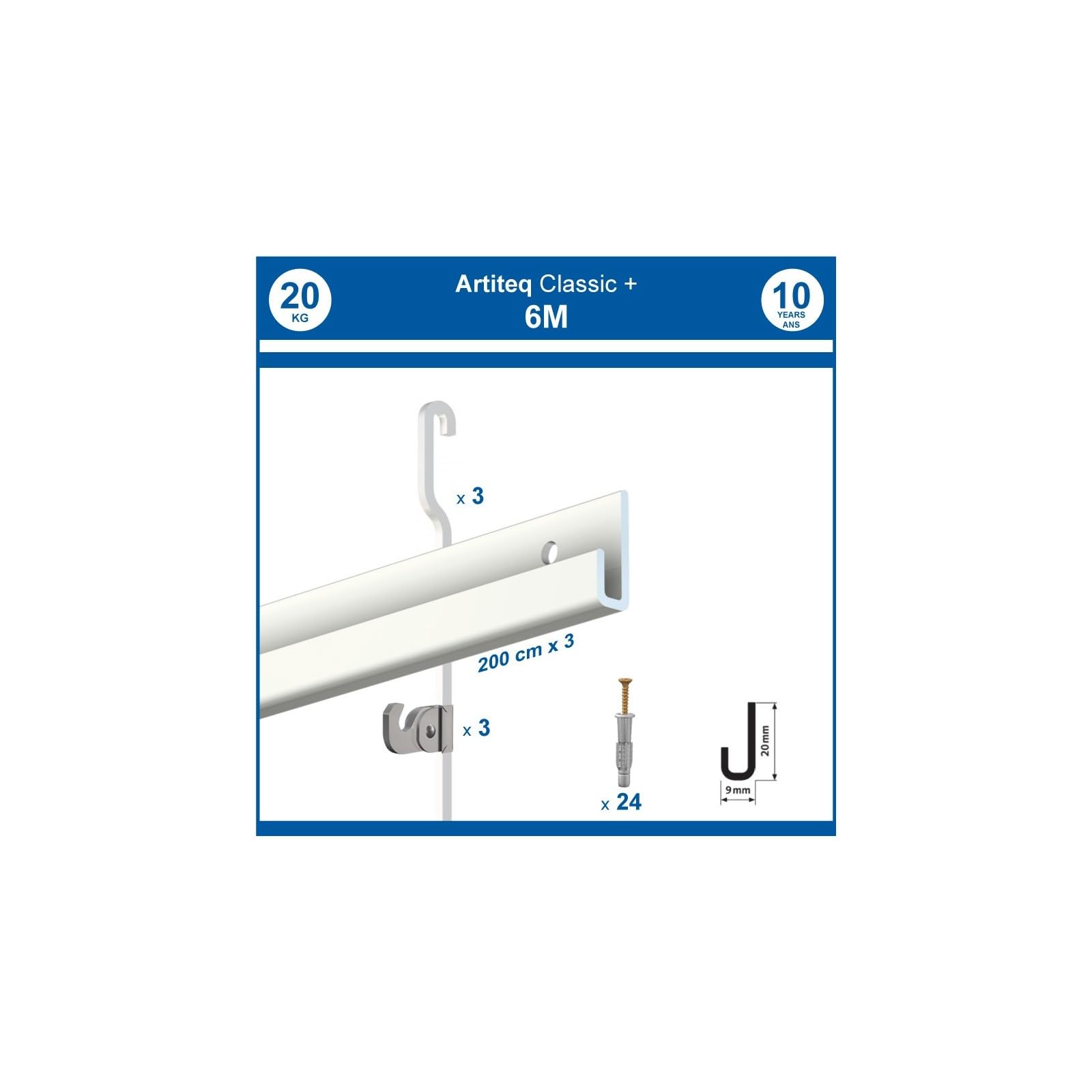 Arti Teq - Pack 6 mètres cimaise Classic + Gallery couleur Blanc - Solution d'accrochage pour décoration murale lourde - Blanc