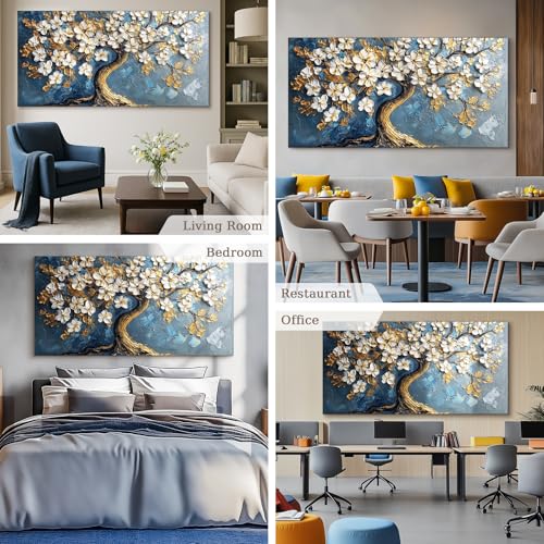 SERIMINO Gold Tree of Life Large Wall Art, Abstract Tree Oil Painting Art Prints, Cherry Blossom Flower Canvas Art Wall Decor, Modern Aesthetic Wall Pictures for Living Room Bedroom Office 30"X60"