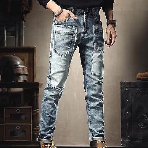 Mens Patchwork Slim Fit Jeans Cargo Multi-Pockets Jean Pants Contrast Color Regular Denim Pants4