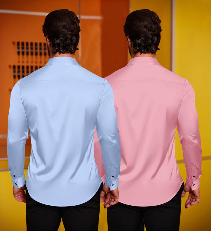 Image of Combo of Men's Premium Satin Cotton Shirt with Full Sleeves & Spread Collar | Smooth Finish | Slim Fit | Stylish Button Down Shirt for Evening, Casual Pack of 2