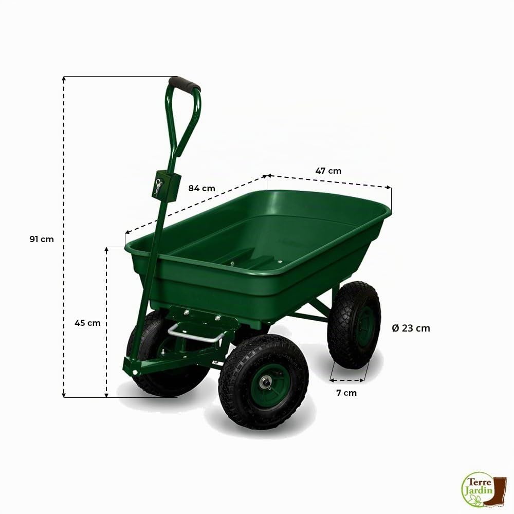 TERRE JARDIN Brouette de Jardin 4 Roues gonflables 120 Kg, Benne Basculante 52 L, Chariot à Bois bûche, Transport Bois de Chauffage, Remorque Attelage intégré - Capacité Basculée 80 Kg