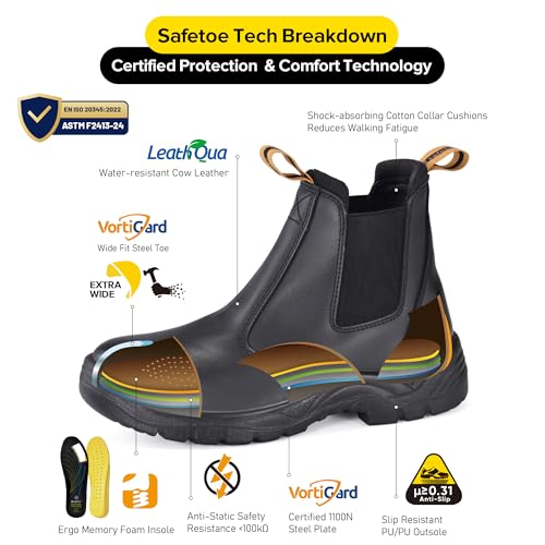 Image of Mens Work Boots Steel Toe Chelsea Safety Boots Cow Leather Waterproof Lightweight Working Shoes