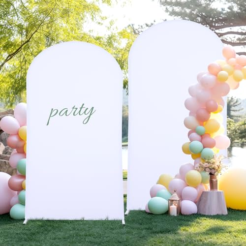 Image of White Arch Backdrop Cover 7.2FT Fitted Polyester Arch Covers Stretchy Backdrop for Wedding Birthday Party Decoration Baby Shower Banquet Ceremony