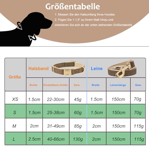 YUDOTE Hundehalsband und Leine Set Klein, Weiche Reizfreie natürlicher Baumwolle mit Twillgewebe für Hund mit empfindlicher Haut, Graubraun