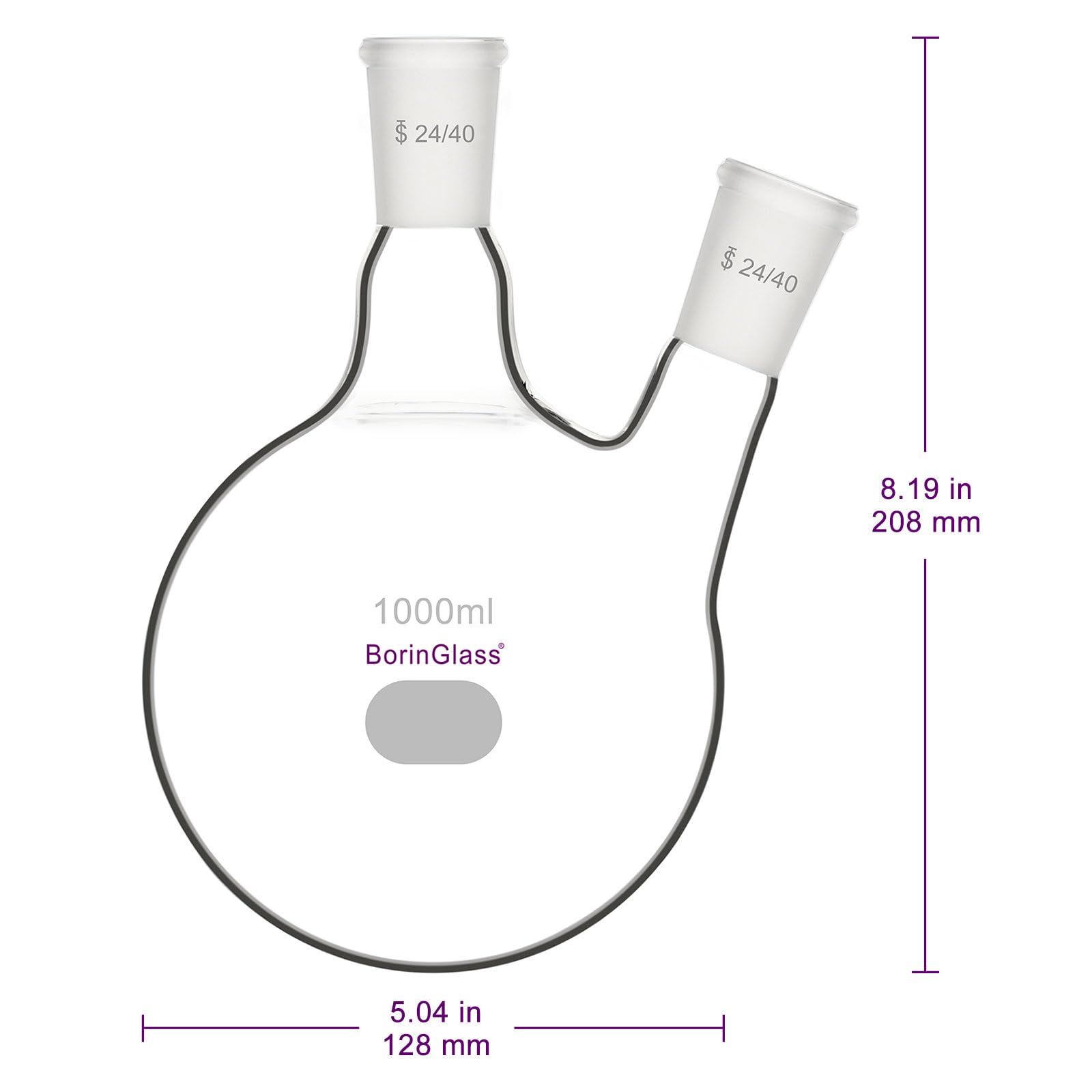 BorinGlass Flacon à Fond Rond à Deux Cols RBF, Flacon de Distillation en Verre 2 Cols avec Joint Extérieur Standard 24/40, 1000 ml