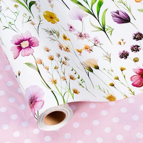 Burymento Flowers Wrapping Paper Reversible Wave Point Gift Wrap for Birthday Valentines Mothers day Graduation Wedding Fathers day Baby Shower Christmas (17in x 16.4ft)