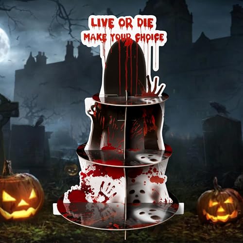 Haooryx Halloween Bloody Cupcake Stand - 3 Tier Scary Bloody Cupcake Tower Cardboard Ghost Palm Print Dessert Holder Pastry Platter for Halloween Theme Party Table Decoration Birthday Party Supplies