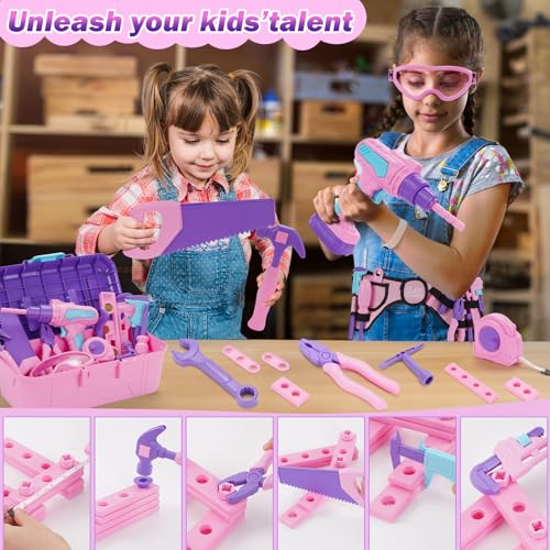 Kids Tool Set, 67 PCS Toddler Tool Box with Electronic Toy Drill&Tape Measure, Pretend Play Tool Kit with Tool Belt, Christmas Brithday Gift Ideas Girls Toys Tool Set for Toddler Ages 3+ (Pink&Purple) - Thumbnail 5