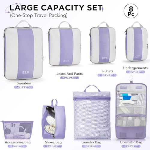 Image of OlarHike 8 Set Compression Packing Cubes for Travel Essentials,Compressible Expandable Space Saver Bags for Organizing Clothes,Luggage Suitcase Garment Bags with Over 1000 pcs Mesh Holes(Purple Gray)
