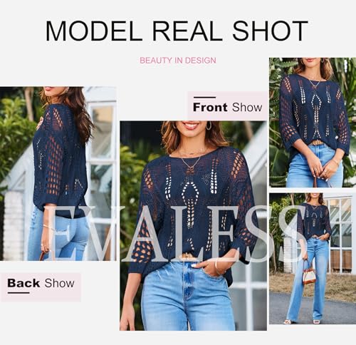 Image of EVALESS Womens Crochet Hollow Out Knit Tops Half Sleeve Spring Summer Sweaters Beach Cover Ups for Women Trendy 2026