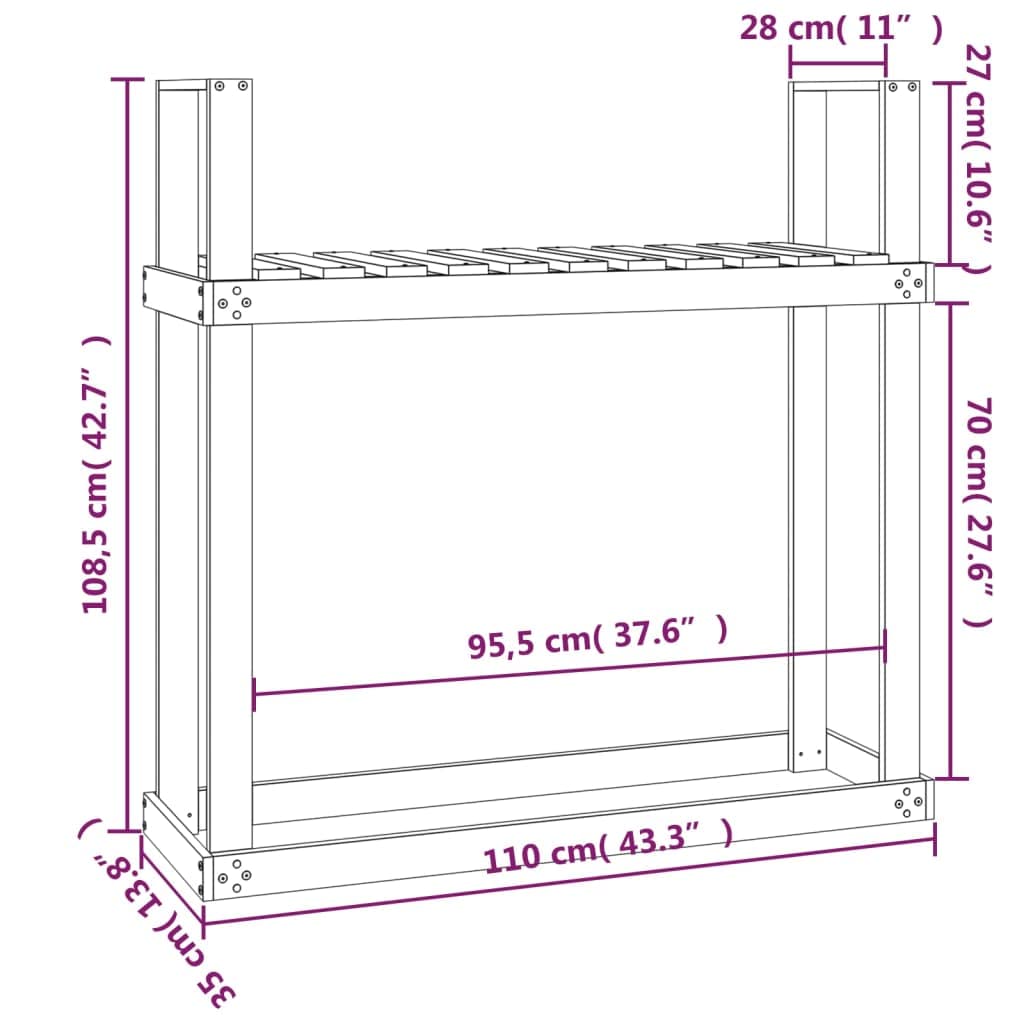 Estantería para leña de madera de Douglas maciza, 110 x 35 x 108,5 cm, soporte de madera para almacenamiento de leña, almacenamiento para chimenea y estufa de leña, ideal para salón y exterior