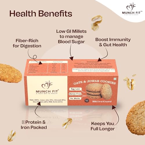 Image of Munch Fit Tasty Millet Egg Less Cookies 125gm Pack of 3, Made with Oats, Almonds, Jowar Atta & Desi Khand I No Maida Fresh Healthy Cookies I High In Fiber, Protein & Nutrition