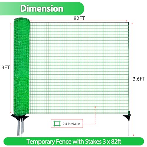 Image of Temporary Fence with Posts, 3'x82' Plastic Fencing Garden Fence Animals Barrier with Fiberglass Stake Windbreak Rope, Portable Snow Fences, Fencing for Dogs Outdoors Backyard (Green)