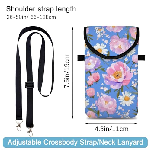 Image of Neoprene Cell Phone Sleeve Pouch Case Bag with Crossbody Strap Neck Lanyard for Women 7.5 X 4.3 in Sky Blue Flower