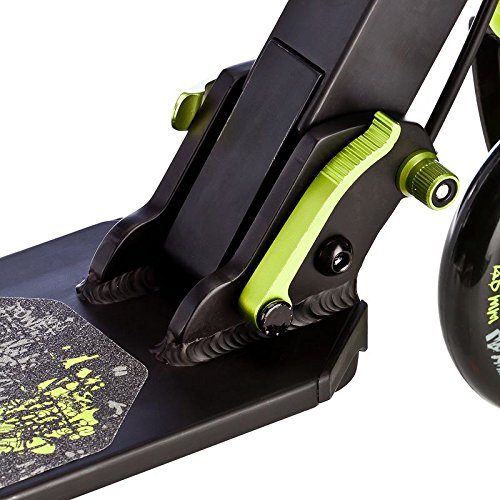 Close-up of the scooter's folding mechanism, showing the hinge and locking lever.