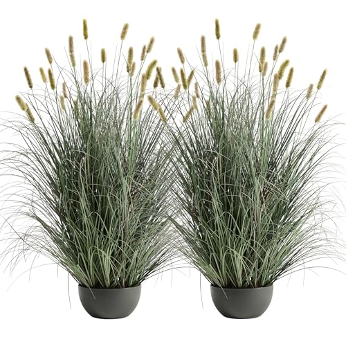 4ft Onion Grass Set of 2, Artificial Plant and Greenery, Fake Floor Plants Indoor Outdoor, Potted Faux Green Bristlegrass with Spikes, Large Size Horsetail Reed Grass, House Decorative