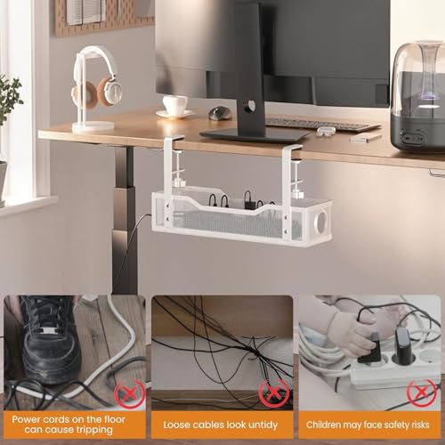 Image of Under Desk Cable Management Tray | Metal Wire Organizer with Clamp Mount | No Drill Cord Holder for Power Strip& Network Cables | Adjustable Cable Tray for Office & Home Setups (White)