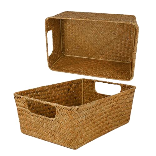 Rechteckiger Aufbewahrungskorb aus Seegras mit Griff Rattankorb korb Geflochten Wäschekorb gewebter Weidenkorb, Handtuchkorb handgefertigter Aufbewahrungskorb Regale und Schreibtische 33X23X11CM