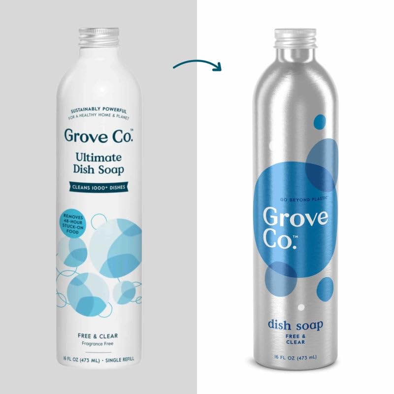 Image of Grove Co. Ultimate Dish Soap Refill Bundle, Free & Clear Unscented, 3-Pack of 16 oz Aluminum Bottles with Reusable Glass Soap Dispenser, Plant-Based Grease-Cutting Formula