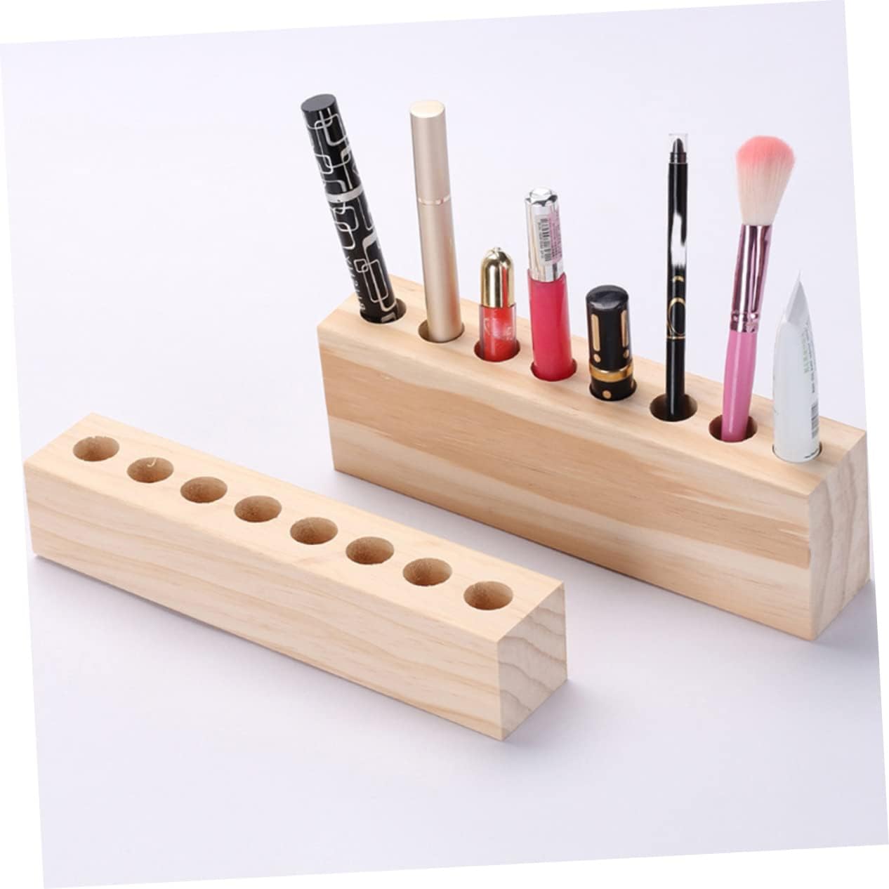 Alipis 2Pcs Wooden Lipstick Display Rack and Eyebrow Pencil Organizer - Compact Cosmetic Storage for Home Brushes Holder