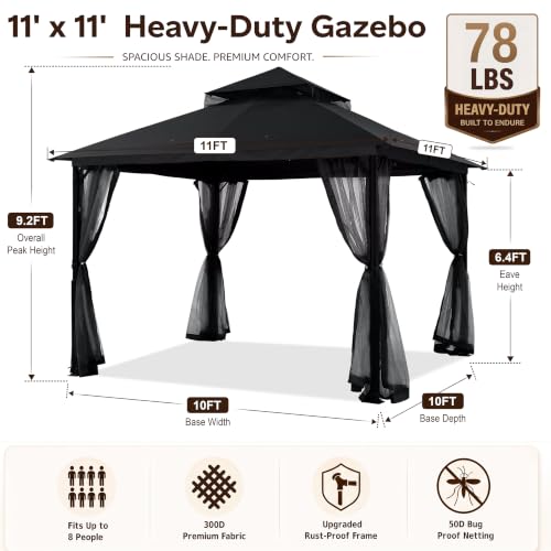 Image of MASTERCANOPY 11x11 ft Stable Patio Gazebo with Netting Walls, Black