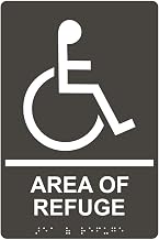 White-on-charcoal area of refuge sign with Braille