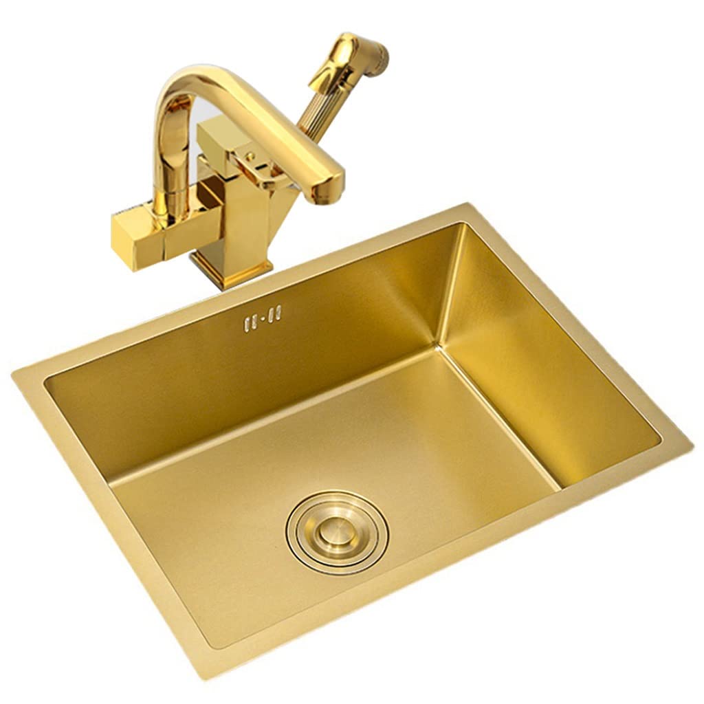 Lavello per Camper in Acciaio Inox 304 Color Oro, lavello da Bar a Vasca Singola, con Rubinetto per Pistola a spruzzo e cestello di Scarico, Montaggio Superiore o sottopiano (Oro 60x40x21 cm)