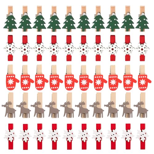 50 Stück Holzklammern Weihnachten, Mini Weihnachten Fotoklammern,...