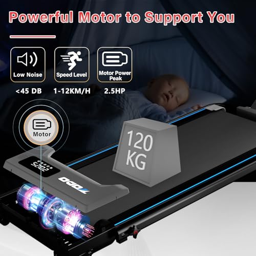 TODO Walking Pad with 4 levels Incline, 2 In 1 Under Desk Treadmill for Home, 1-12km/h, 2.5HP Foldable Treadmill with APP, Speaker, LED Display, Running Machine - Image 5