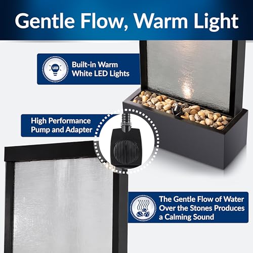 Image of Alpine Corporation MLT170S 48 inch Indoor Outdoor Waterfall Fountain with LED Light Modern Glass & Aluminum Black Wall Water Feature for Home, Patio, Garden Decor Soothing Cascading Indoor Water Fountain
