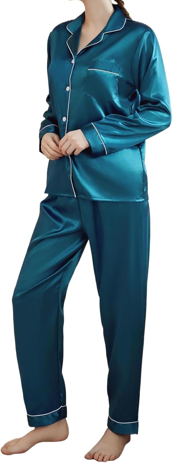 Women's Pajamas Set Satin Long Sleeve Button Down 2 Piece Silk Loungewear Sleepwear Pjs Set - Image 2