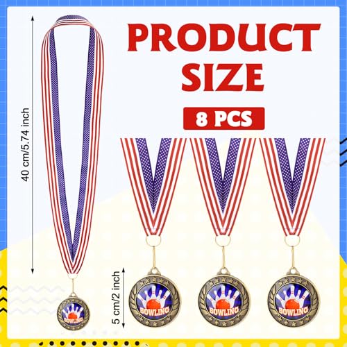Realspring 8 Pcs Bowling Award Medals with Stars and Stripes 2 Inches Bowling Ball Medal with American Flag Neck Ribbon for Adults Tournament - Thumbnail 2